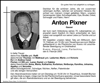 Traueranzeige von Anton Pixner von Dolomiten