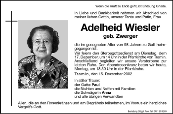 Traueranzeige von Adelheid Weisler von Dolomiten