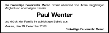 Traueranzeige von Paul Wenter von Dolomiten