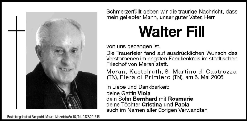  Traueranzeige für Walter Fill vom 12.05.2006 aus Dolomiten