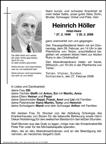 Traueranzeige von Heinrich Höller von Dolomiten