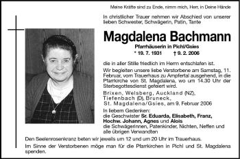 Traueranzeige von Magdalena Bachmann von Dolomiten