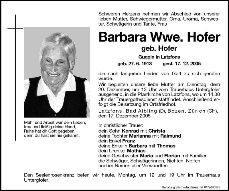  Traueranzeige für Barbara Hofer vom 19.12.2005 aus Dolomiten