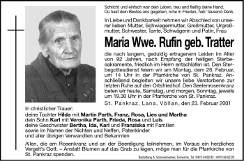 Traueranzeige von Maria Rufin von Dolomiten