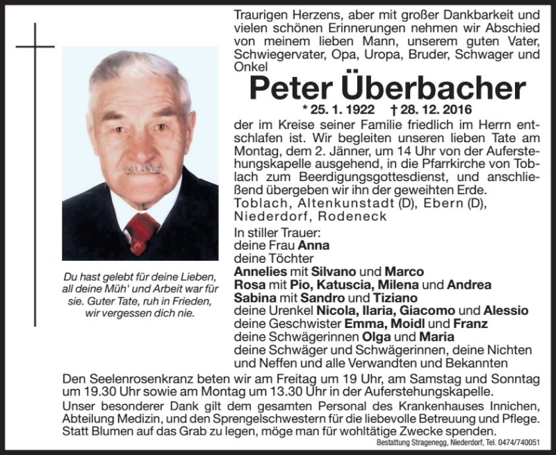  Traueranzeige für Peter Überbacher vom 30.12.2016 aus Dolomiten