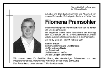 Traueranzeige von Filomena Pramsohler von Dolomiten