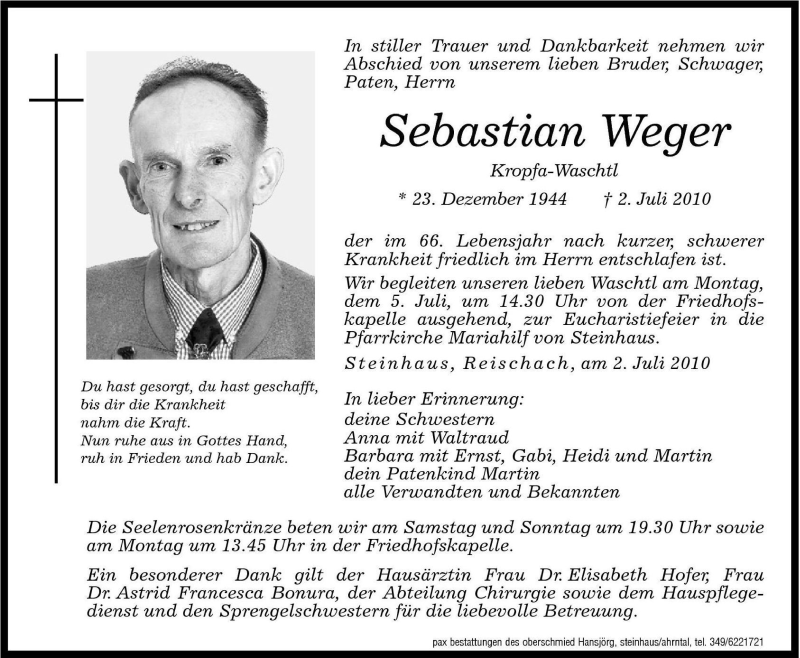  Traueranzeige für Sebastian Weger vom 03.07.2010 aus Dolomiten