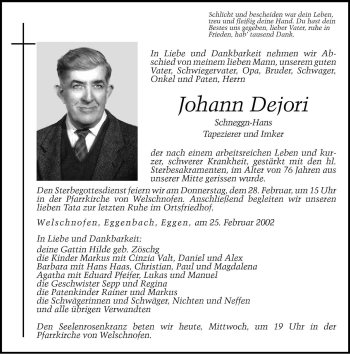 Traueranzeige von Johann Dejori von Dolomiten