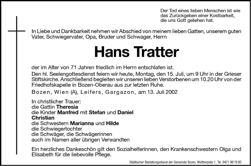  Traueranzeige für Hans Tratter vom 15.07.2002 aus Dolomiten