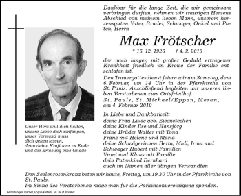 Traueranzeige von Max Frötscher von Dolomiten
