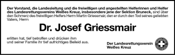 Traueranzeige von Josef Griessmair von Dolomiten