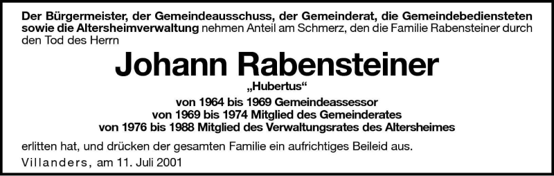  Traueranzeige für Johann Rabensteiner vom 12.07.2001 aus Dolomiten