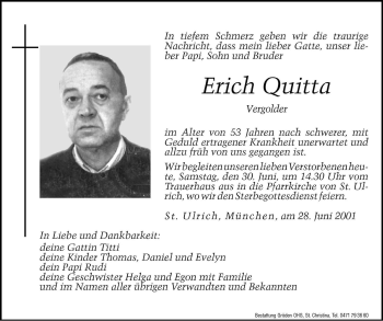 Traueranzeige von Erich Quitta von Dolomiten