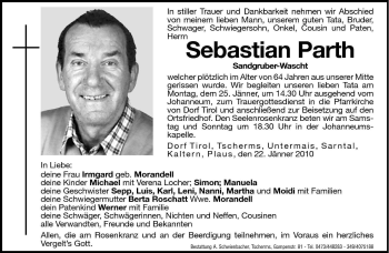 Traueranzeige von Sebastian Parth von Dolomiten