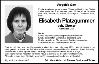 Traueranzeige von Elisabeth Platzgummer von Dolomiten