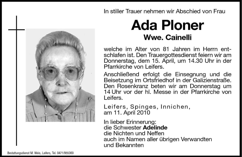  Traueranzeige für Ada Ploner vom 13.04.2010 aus Dolomiten