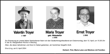 Traueranzeige von Ernst Troyer von Dolomiten