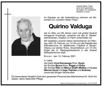 Traueranzeige von Quirino Valduga von Dolomiten