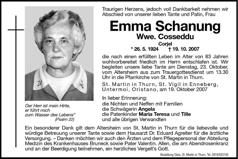  Traueranzeige für Emma Cosseddu vom 22.10.2007 aus Dolomiten