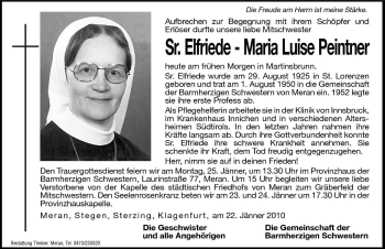 Traueranzeige von Elfriede-Maria Luise Peintner von Dolomiten