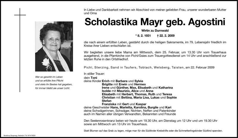  Traueranzeige für Scholastika Mayr vom 23.02.2009 aus Dolomiten