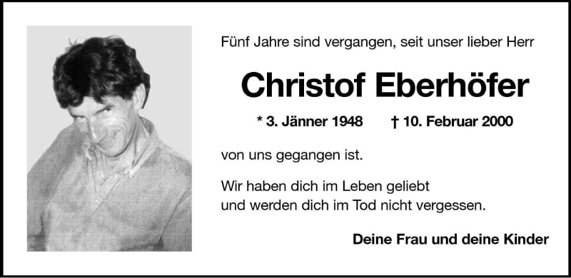  Traueranzeige für Christof Eberhöfer vom 10.02.2005 aus Dolomiten