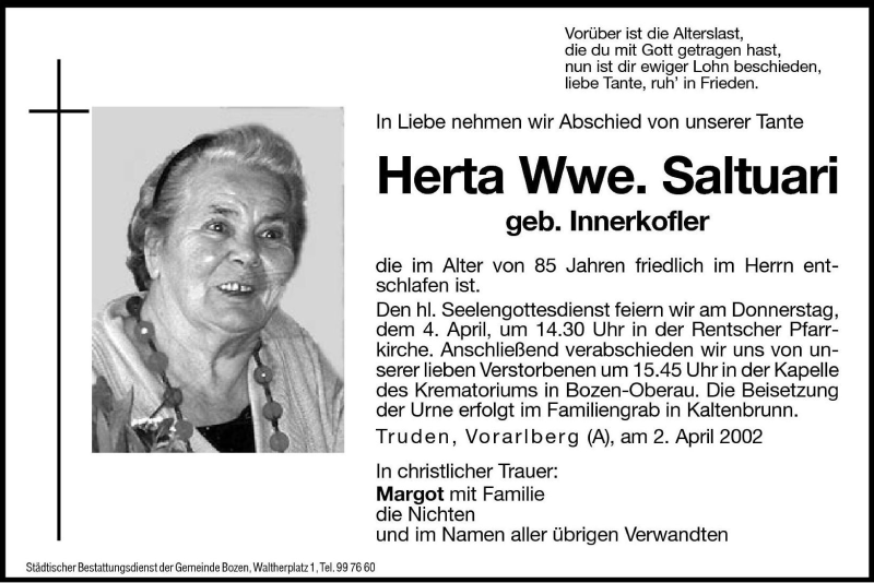  Traueranzeige für Herta Saltuari vom 03.04.2002 aus Dolomiten