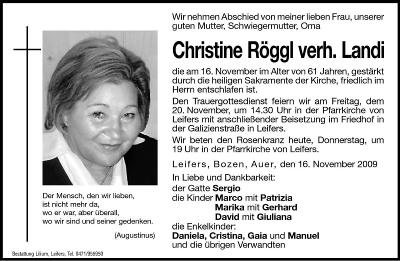  Traueranzeige für Christine Landi vom 19.11.2009 aus Dolomiten