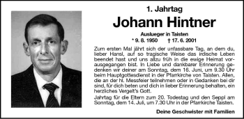 Traueranzeige von Johann Hintner von Dolomiten