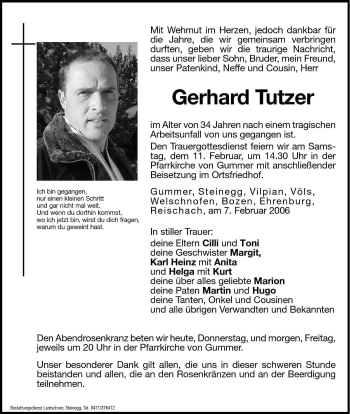 Traueranzeige von Gerhard Tutzer von Dolomiten
