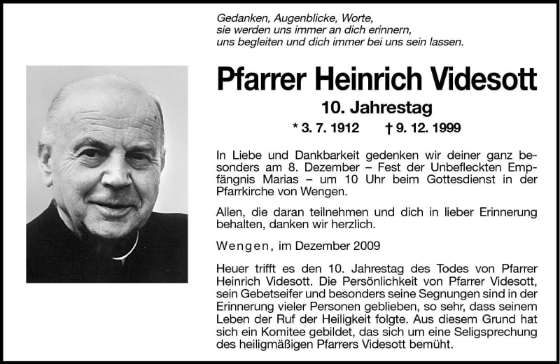  Traueranzeige für Heinrich Videsott vom 04.12.2009 aus Dolomiten
