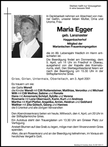 Traueranzeigen von Maria Egger | Trauer.bz