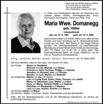 Traueranzeige von Maria Domanegg von Dolomiten