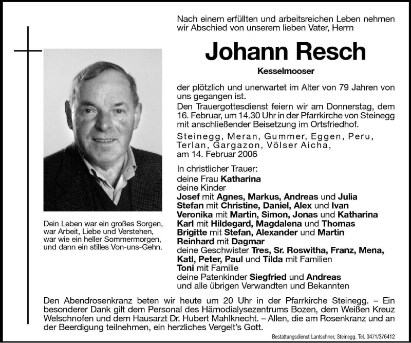 Traueranzeigen Von Johann Resch | Trauer.bz