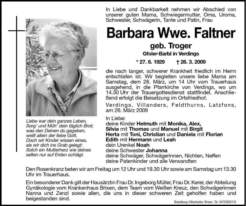  Traueranzeige für Barbara Faltner vom 27.03.2009 aus Dolomiten