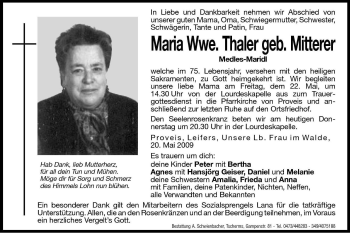 Traueranzeige von Maria Thaler von Dolomiten
