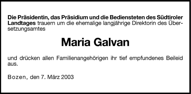  Traueranzeige für Maria Galvan vom 08.03.2003 aus Dolomiten