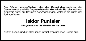 Traueranzeige von Isidor Puntaier von Dolomiten