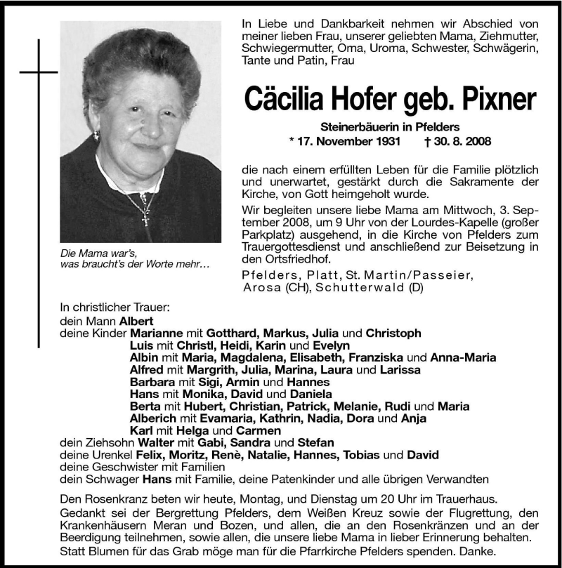  Traueranzeige für Cäcilia Hofer vom 01.09.2008 aus Dolomiten