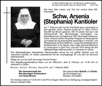 Traueranzeige von Arsenia (Stephania) Kantioler von Dolomiten