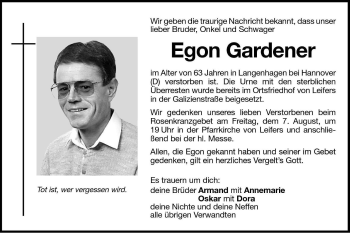 Traueranzeige von Egon Gardener von Dolomiten