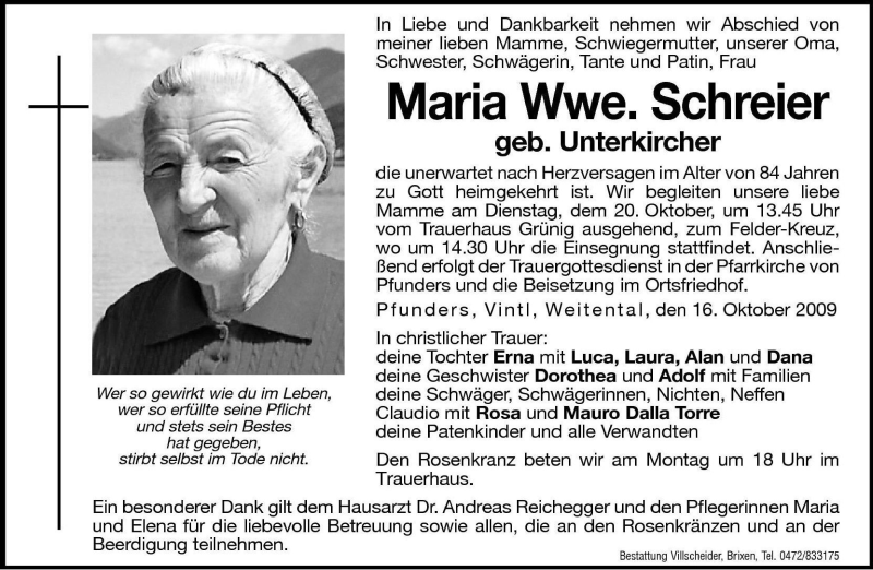  Traueranzeige für Maria Schreier vom 19.10.2009 aus Dolomiten