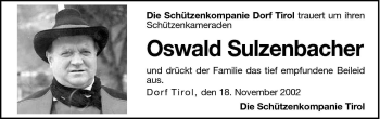 Traueranzeige von Oswald Sulzenbacher von Dolomiten