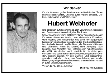 Traueranzeige von Hubert Webhofer von Dolomiten