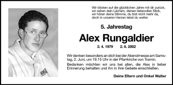 Traueranzeige von Alex Rungaldier von Dolomiten