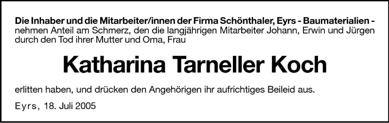  Traueranzeige für Katharina Tarneller Koch vom 19.07.2005 aus Dolomiten