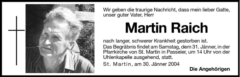  Traueranzeige für Martin Raich vom 30.01.2004 aus Dolomiten