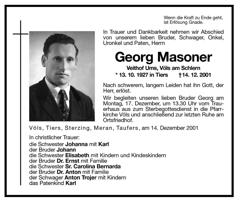  Traueranzeige für Georg Masoner vom 17.12.2001 aus Dolomiten