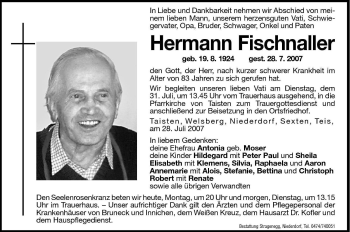 Traueranzeige von Hermann Fischnaller von Dolomiten