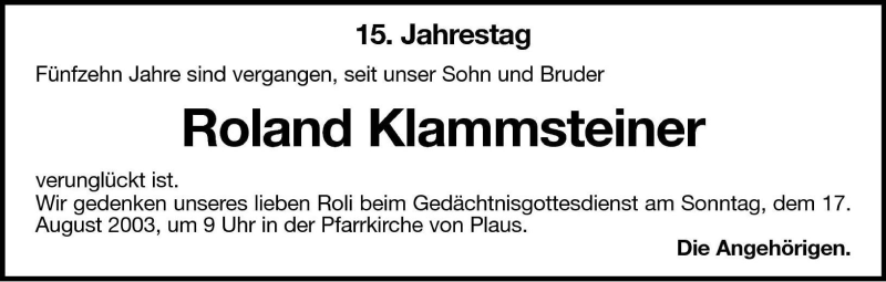  Traueranzeige für Roland Klammsteiner vom 14.08.2003 aus Dolomiten